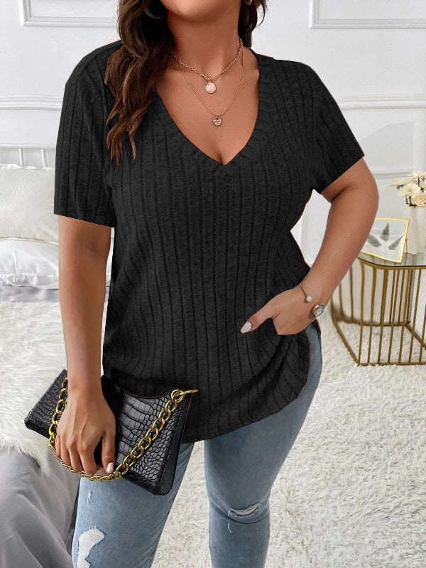 Solid Color Plus Size Women's Clothes Top V-neck Sunken Stripe Short Sleeve T-shirt