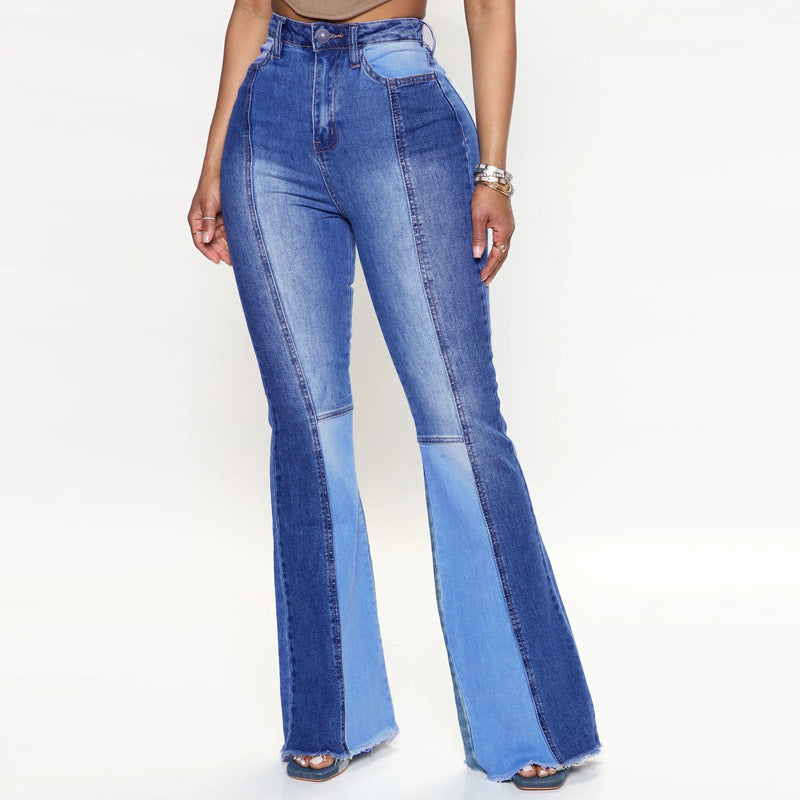 Damen Jeans mit ausgestelltem Bein und hoher Taille in Kontrastfarbe