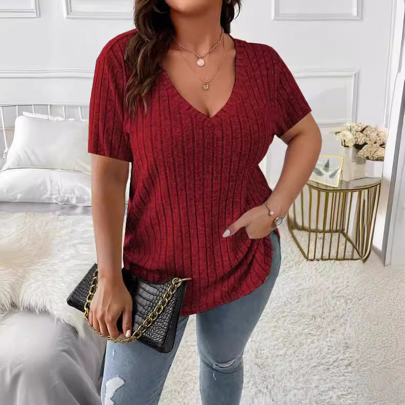 Solid Color Plus Size Women's Clothes Top V-neck Sunken Stripe Short Sleeve T-shirt