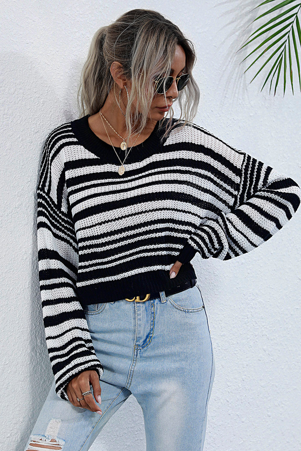 Perfee Striped Round Neck Dropped Shoulder Sweater