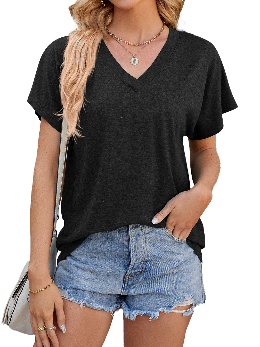 Camiseta holgada de manga corta con cuello en V para mujer de verano