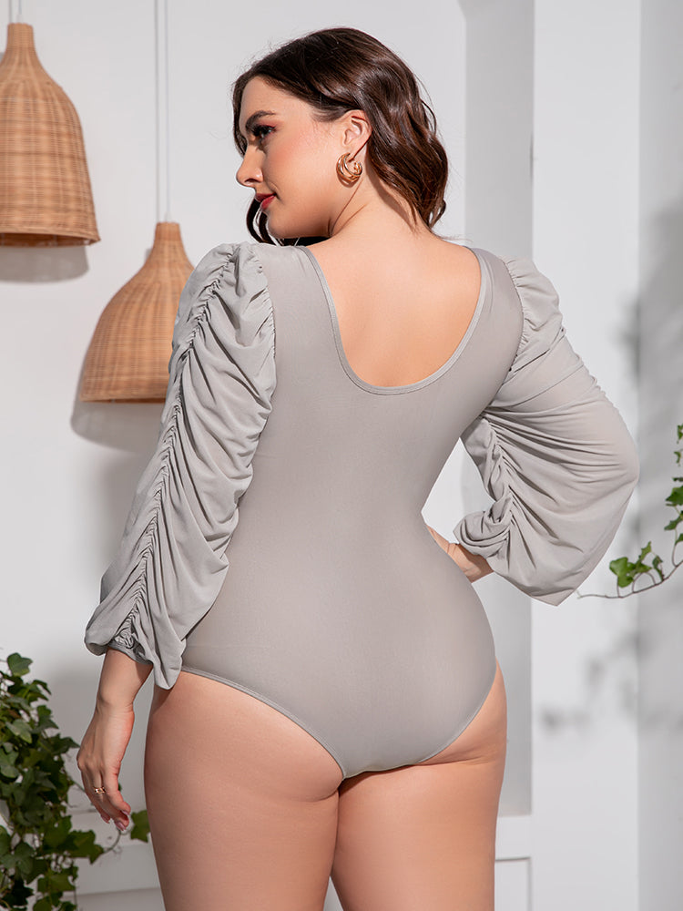 Plus Size Einteiliger Badeanzug mit tiefem V-Ausschnitt und Ballonärmeln