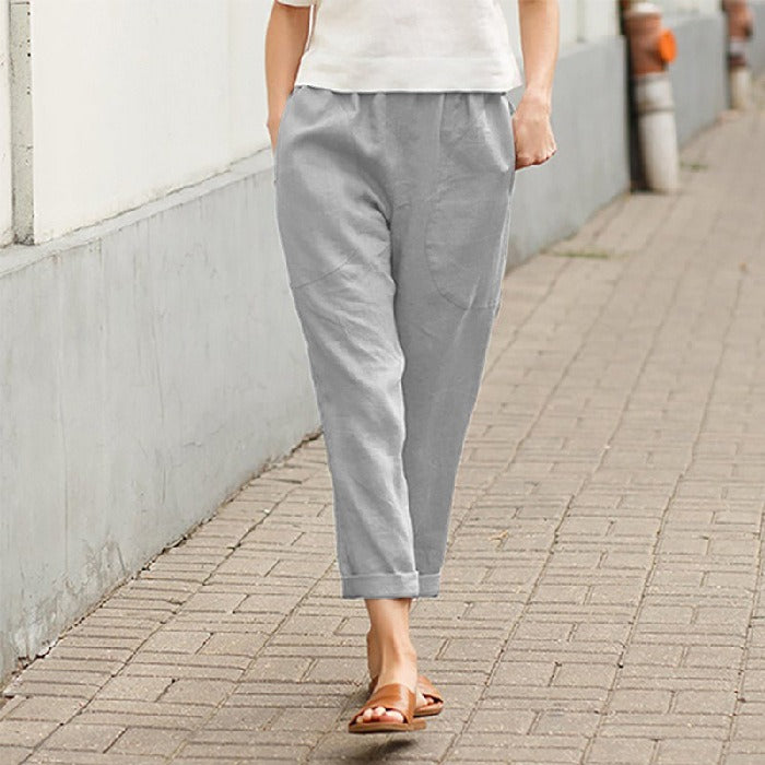 Linen cotton loose straight leg cropped pants