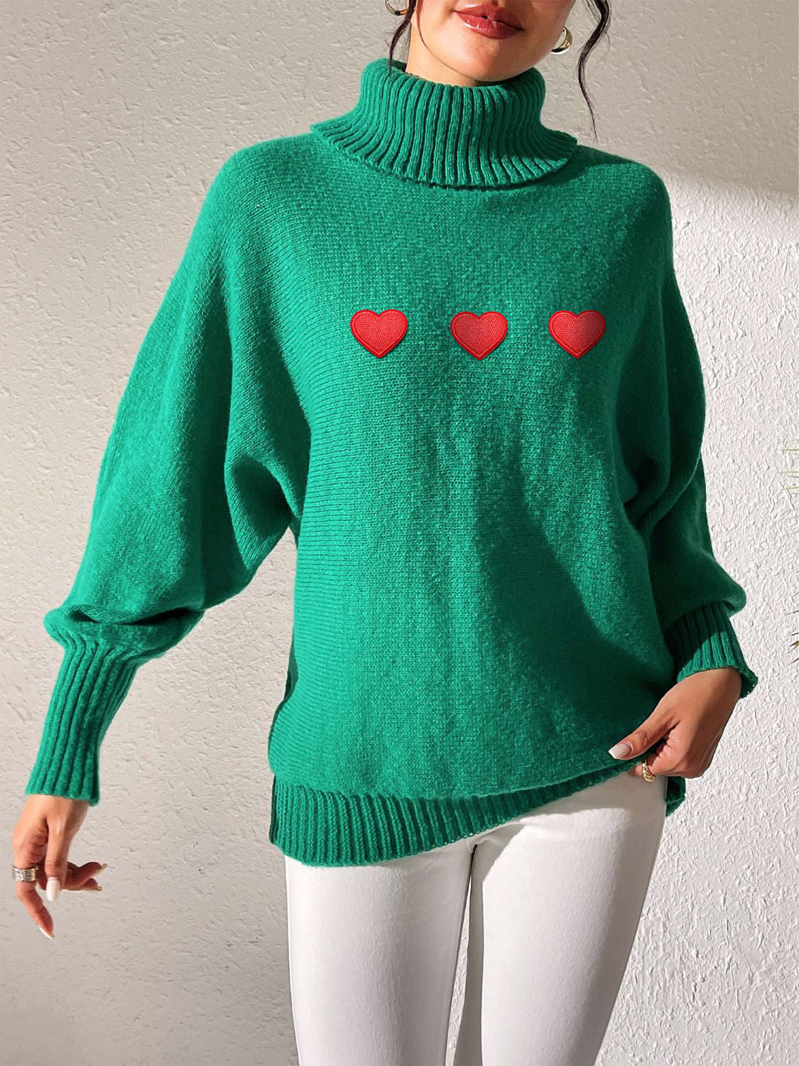 Heart Turtleneck Long Sleeve Sweater