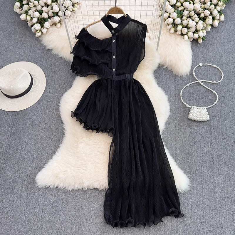 Irregular waisted mid-length shirt and skirt fashionable a-line pleated dress for women