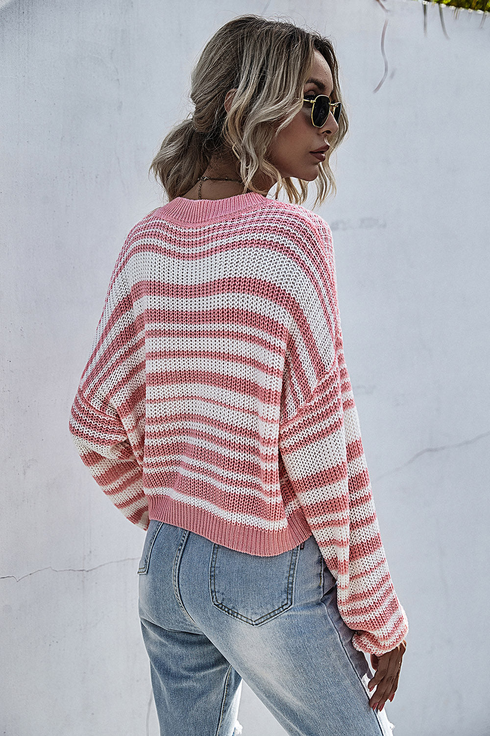 Perfee Striped Round Neck Dropped Shoulder Sweater