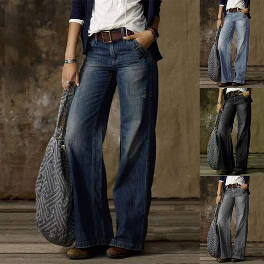 Retro Casual Jeans mit Taschen Mode gerade Hose Bein weites Bein Hose für Frauen