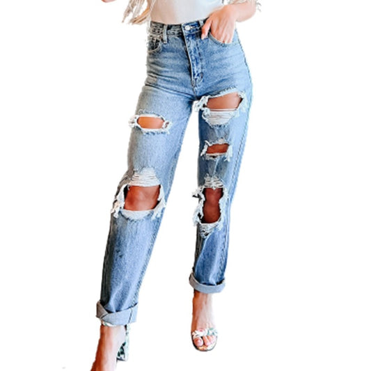 Trend Damen Jeans Blau Hight Taille Zerrissen Streetwear Fashion Casual Gerade Denim Hose