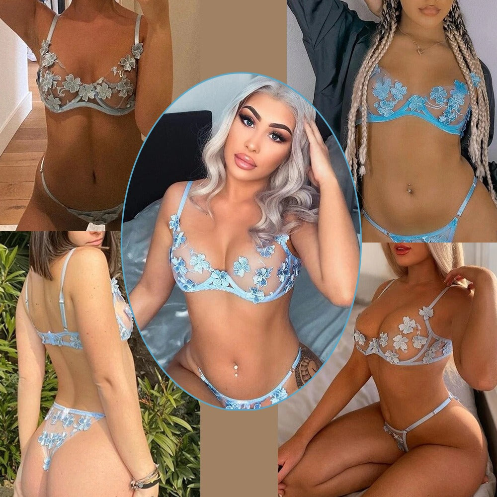 Lustiges Set Damen Kleine Frische Blumen Stickerei Applikation Mesh Sexy BH Unterwäsche