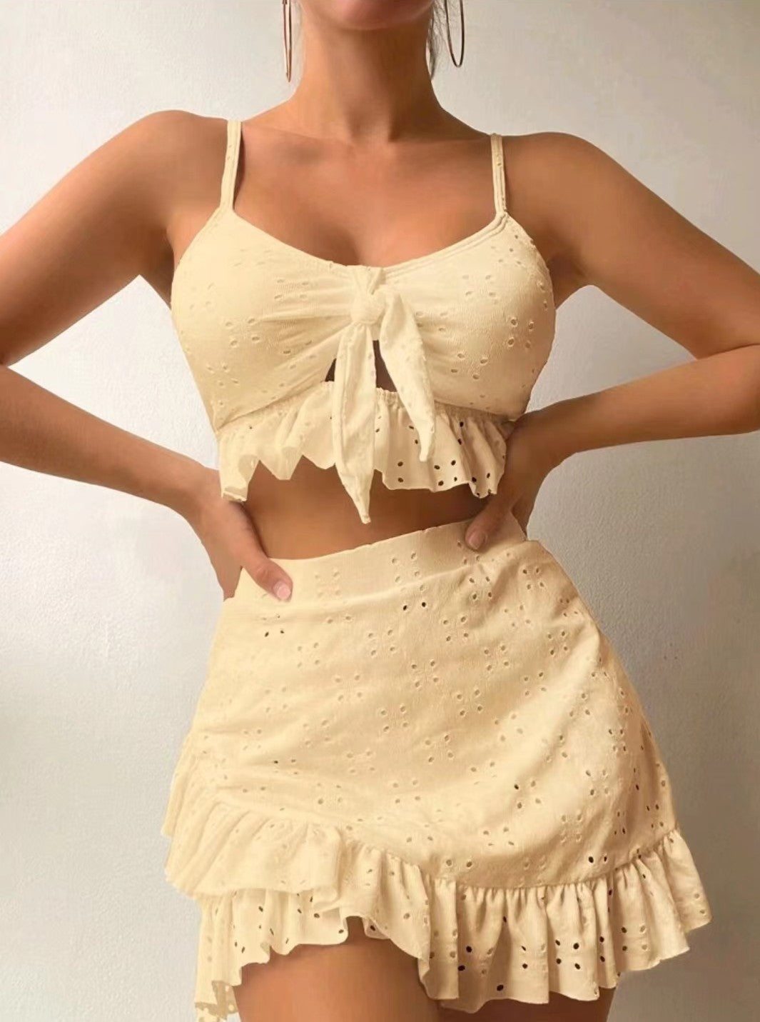 Conjunto de traje de baño de 3 piezas con falda ajustada a la cadera, diseño de volantes, ropa de verano para mujer