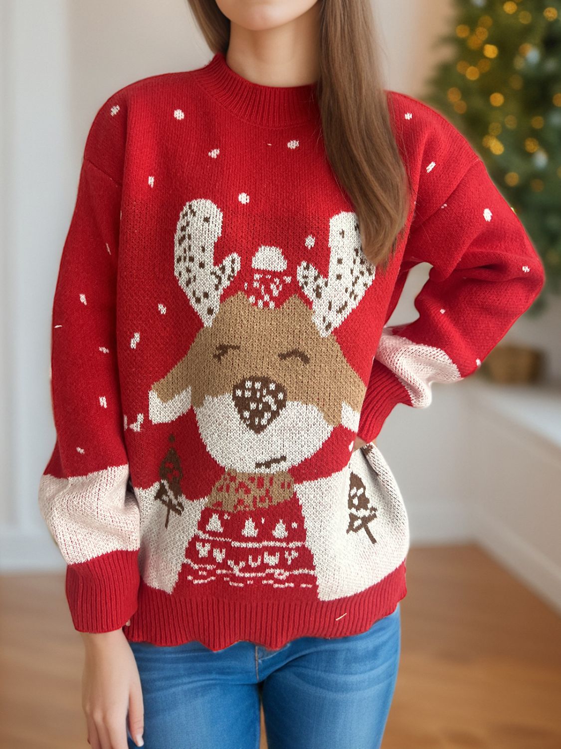 Reindeer Mock Neck Long Sleeve Sweater