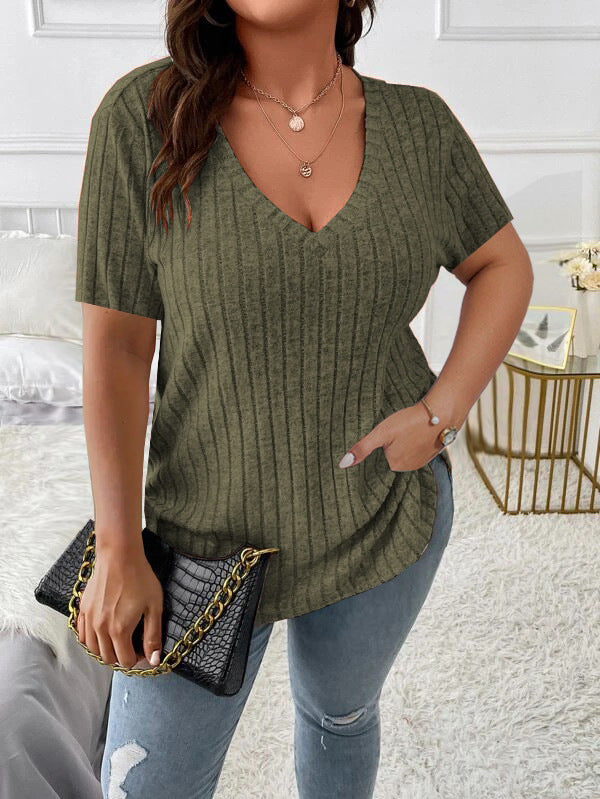 Solid Color Plus Size Women's Clothes Top V-neck Sunken Stripe Short Sleeve T-shirt