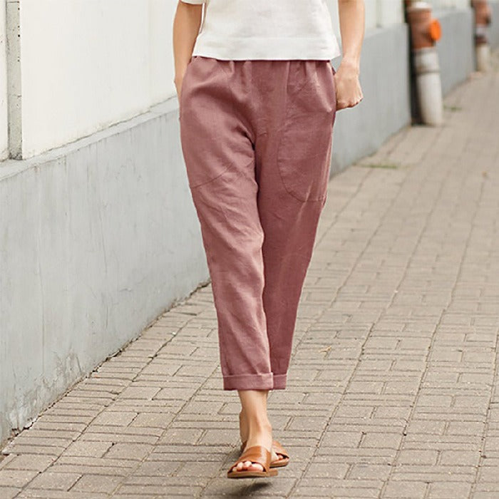 Linen cotton loose straight leg cropped pants