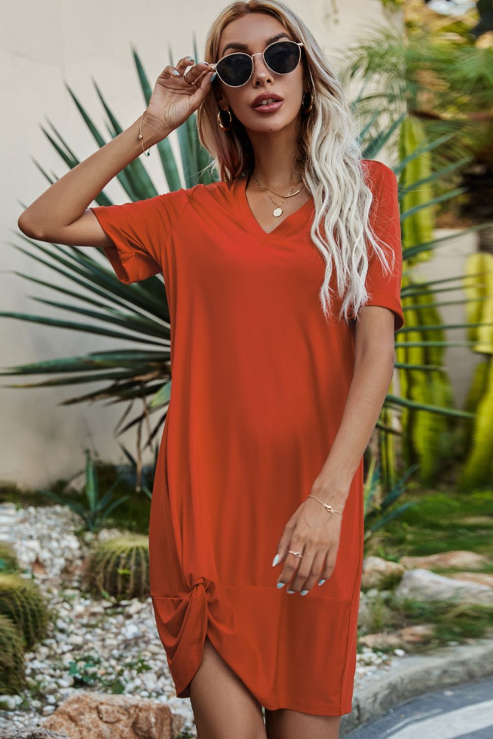 Twisted V-Neck Short Sleeve Dress