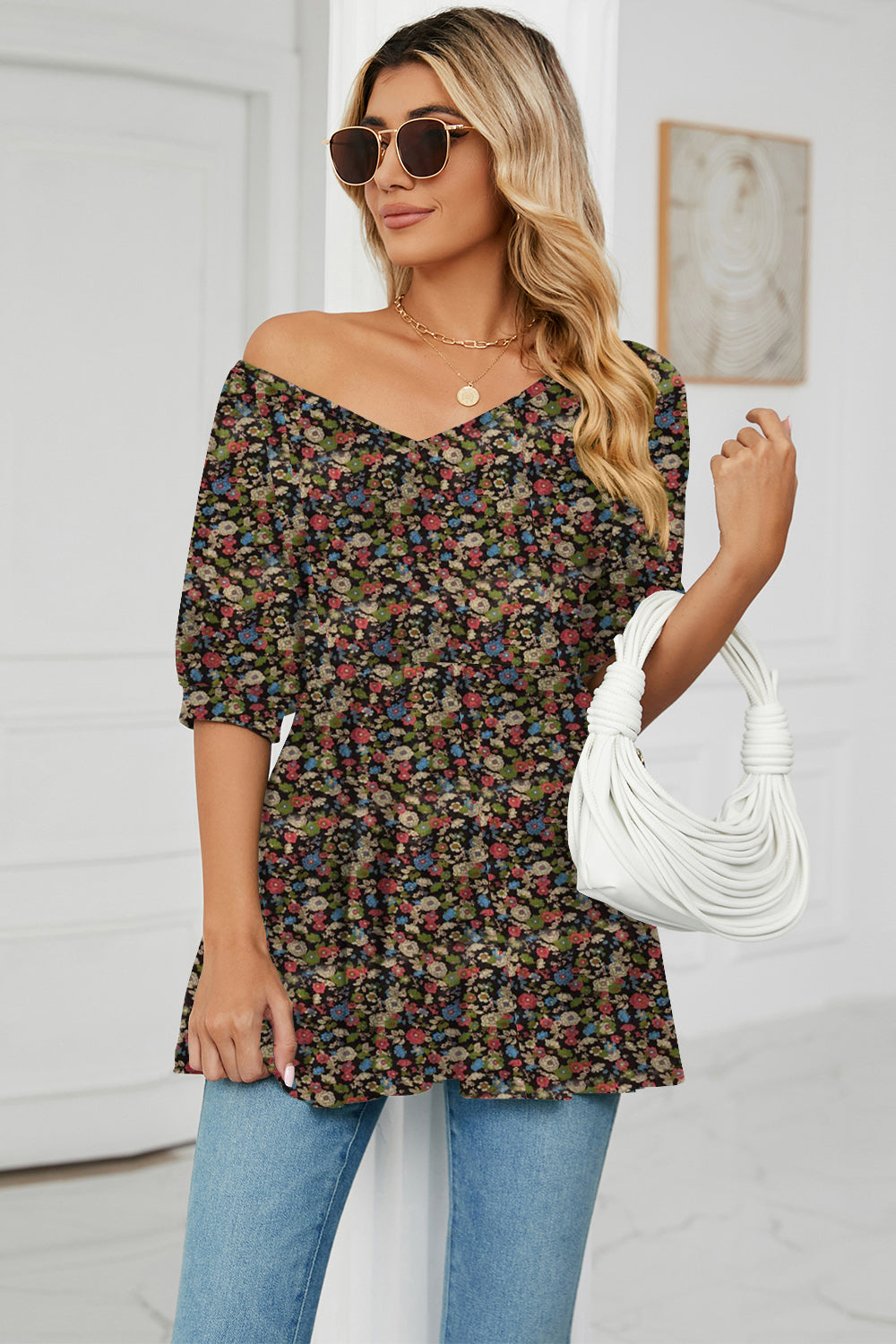 Floral V-Neck Babydoll Blouse