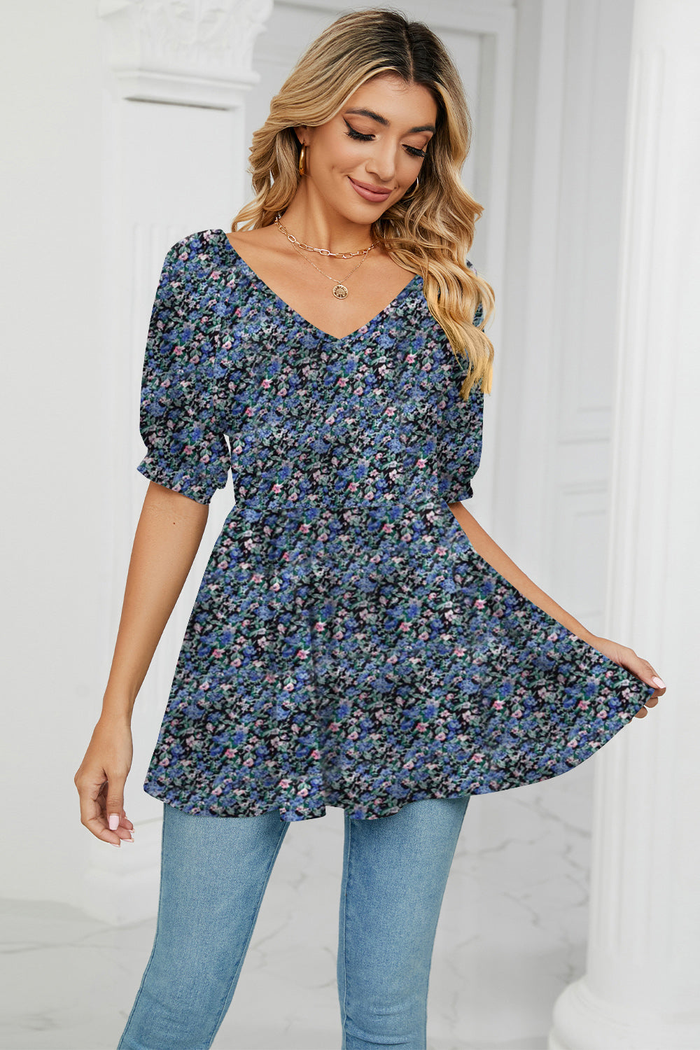 Floral V-Neck Babydoll Blouse