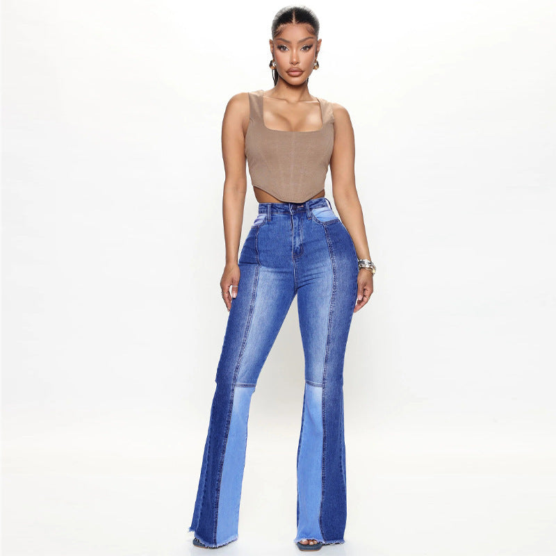 Women's Contrast Color High Waist Wash Fashion Flared Jeans