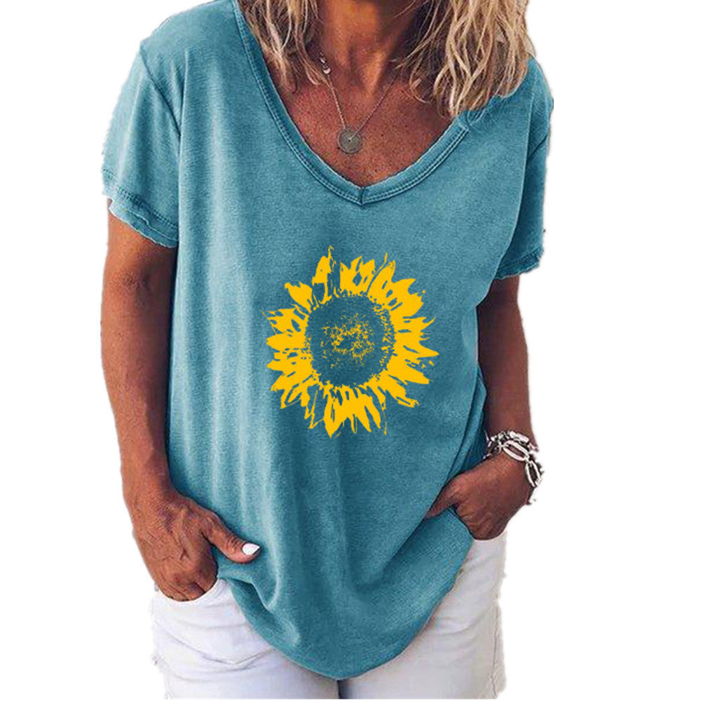 Women's Summer Casual Color Loose Sports Style 3D Printed Short Sleeve V-neck T-shirt