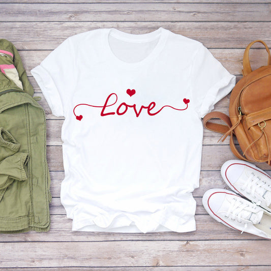 Camiseta de manga corta con estampado de moda de amor en acuarela para mujer