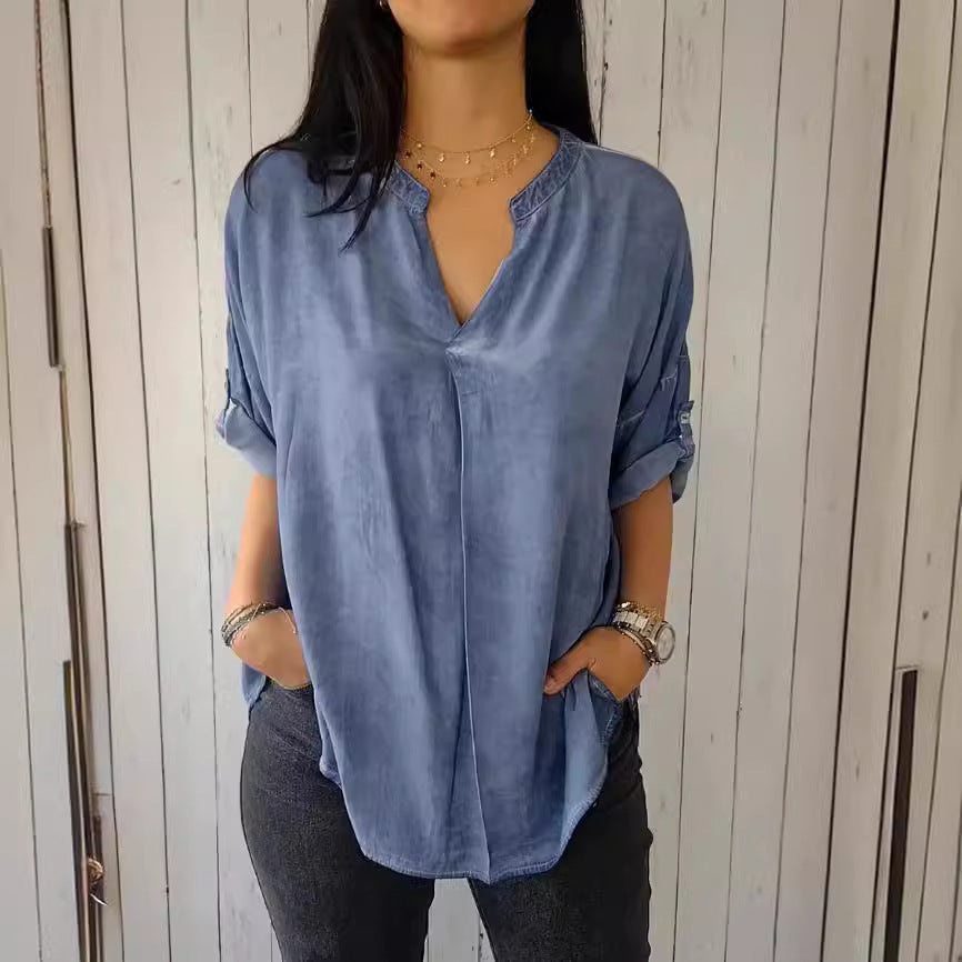 Women's Spring And Autumn V-neck Cotton And Linen Pure Plus Size Shirt