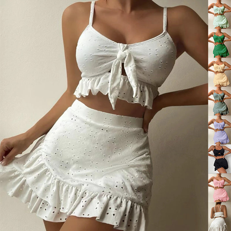 Conjunto de traje de baño de 3 piezas con falda ajustada a la cadera, diseño de volantes, ropa de verano para mujer