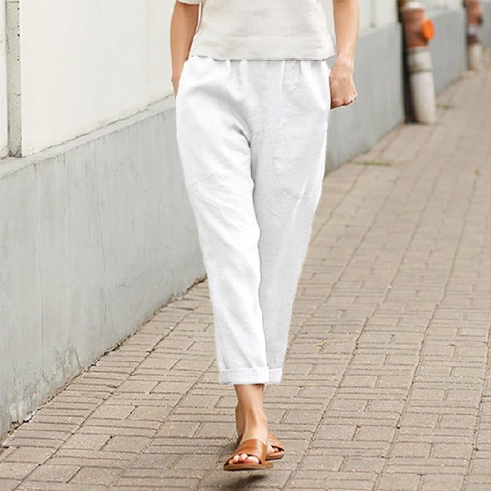 Linen cotton loose straight leg cropped pants