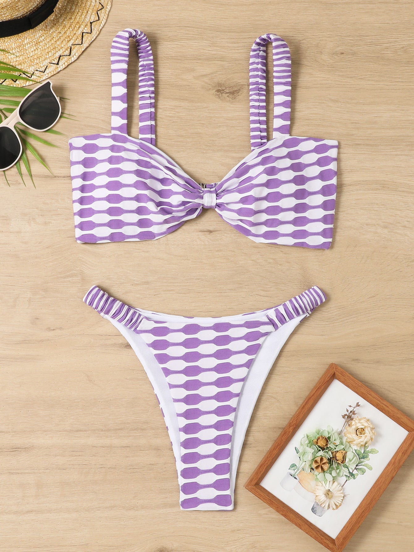 Sexy Striped Print Bikini Summer Beach Swimsuit Set Womens Clothing
