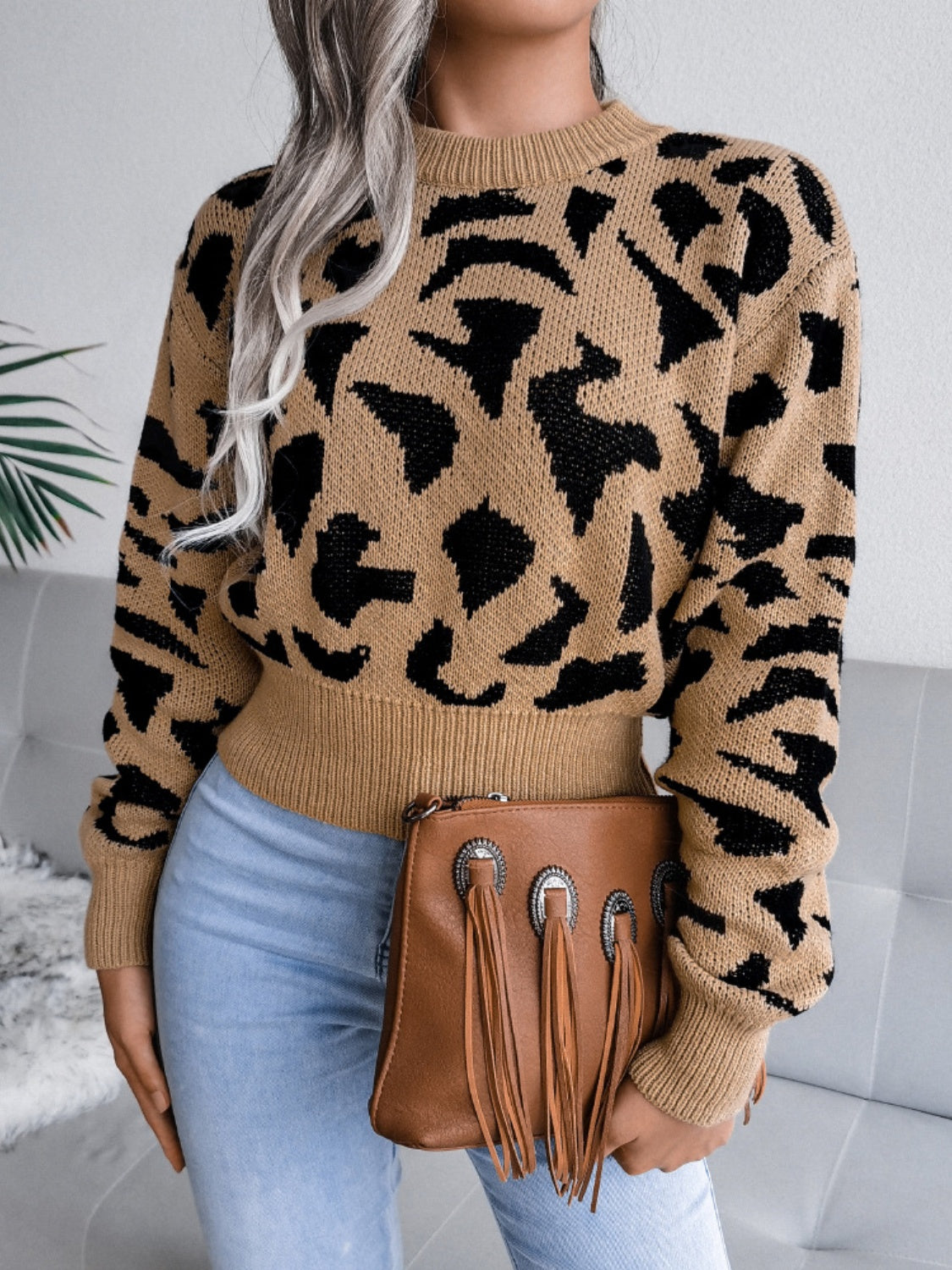 Leopard Round Neck Dropped Shoulder Sweater