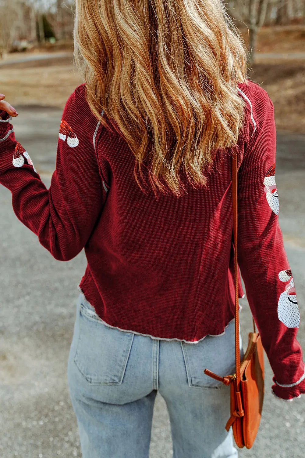 Sequin Santa Round Neck Long Sleeve Blouse