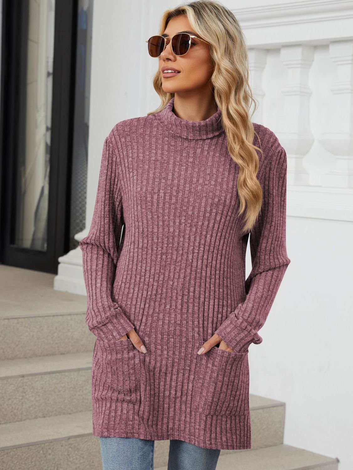 Ribbed Mock Neck Long Sleeve T-Shirt