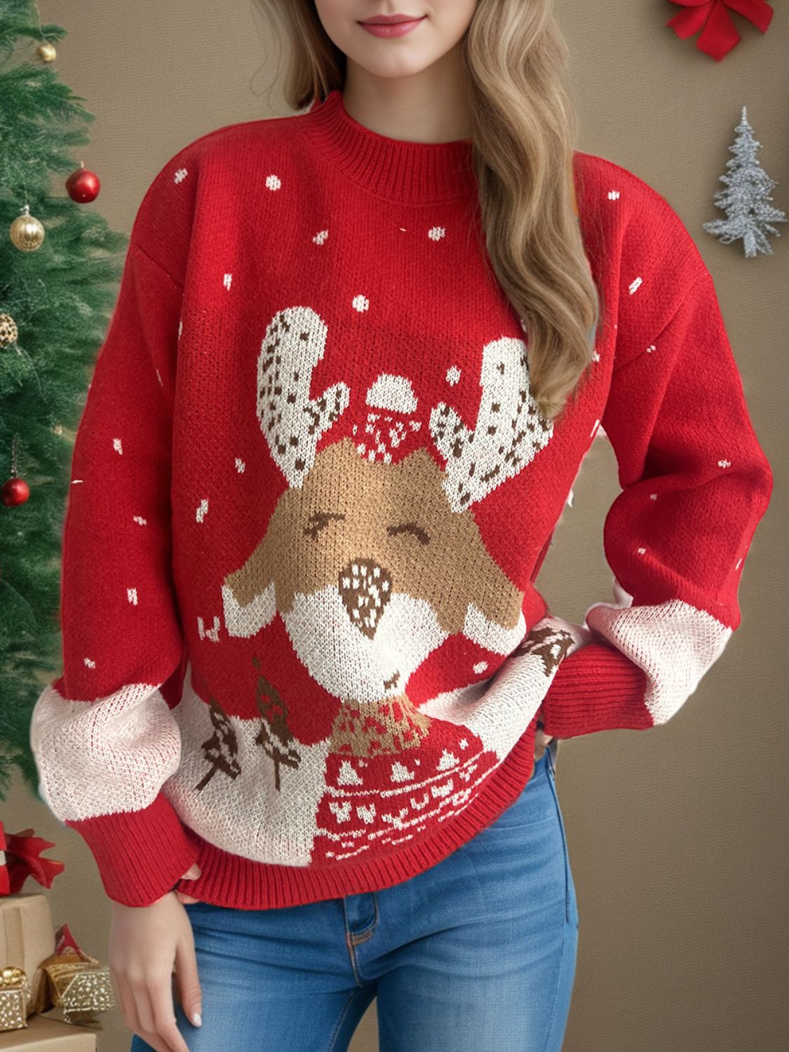 Reindeer Mock Neck Long Sleeve Sweater