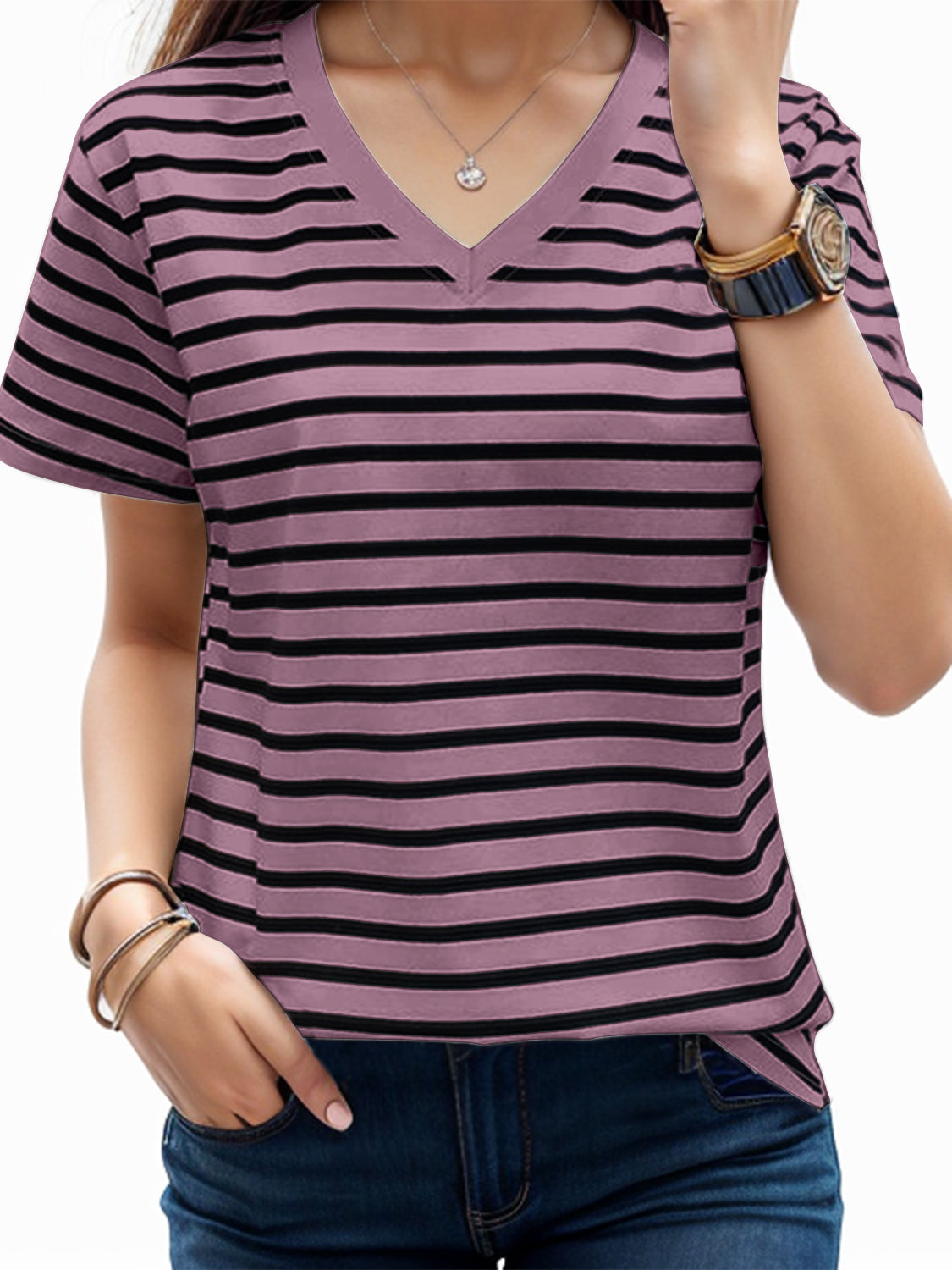 Plus Size Striped V-Neck Short Sleeve T-Shirt