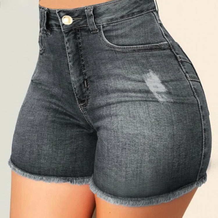 Damen-Stretch-Jeansshorts mit zerrissener Tassel im Slim Fit