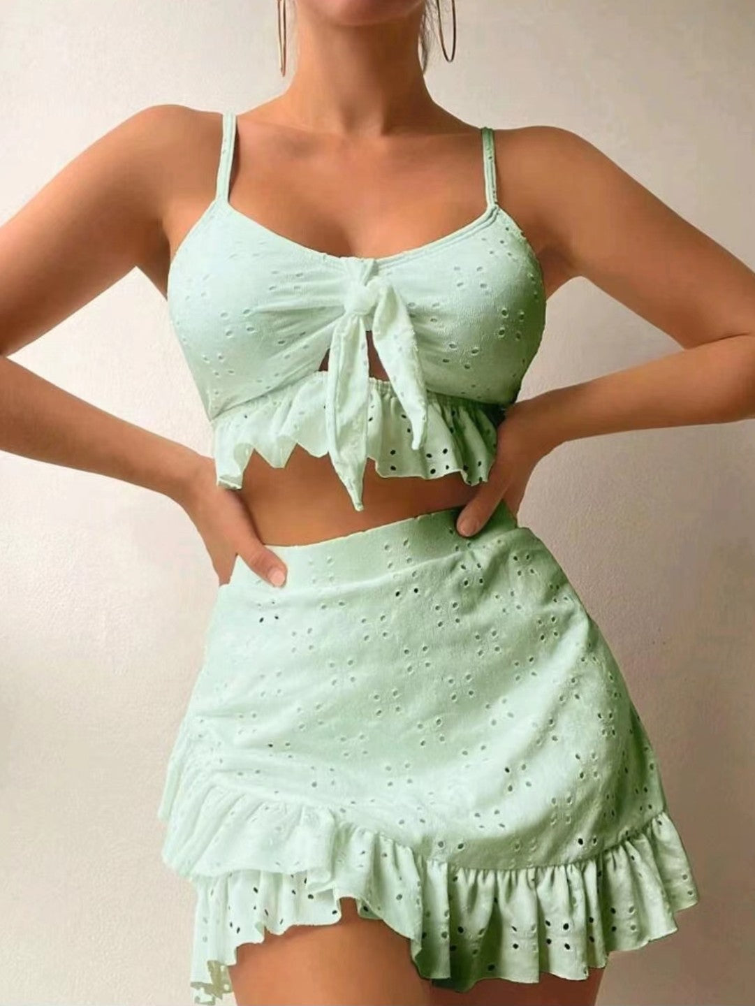 Conjunto de traje de baño de 3 piezas con falda ajustada a la cadera, diseño de volantes, ropa de verano para mujer