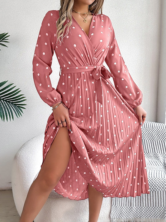 Vestido midi de manga larga con lunares anudados