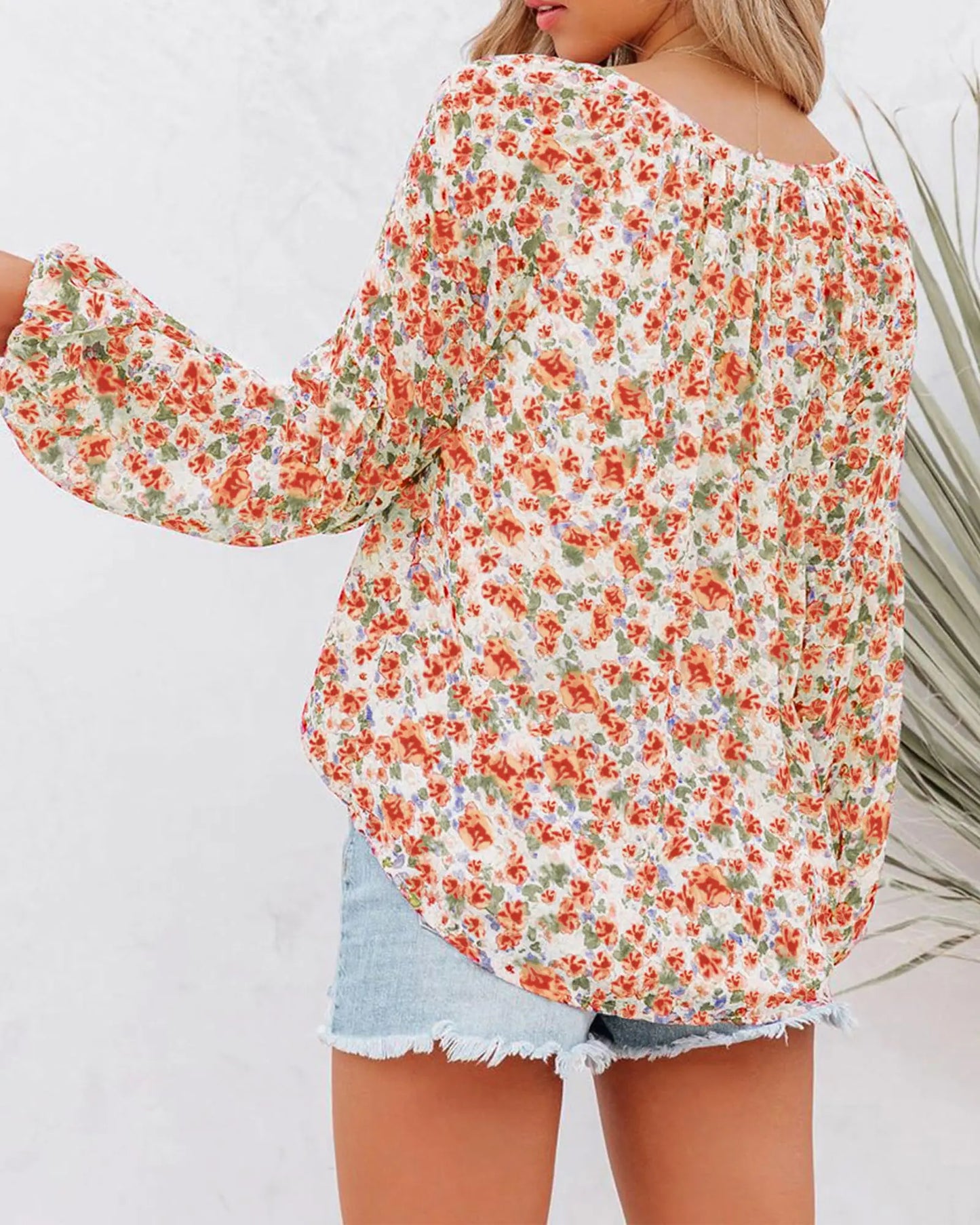 BTFBM Women Casual Boho Blouse Fashion Floral Shirts V Neck Long Puff Sleeve Lightweight Chiffon Summer Fall Tops 2024 Floral Orange Large