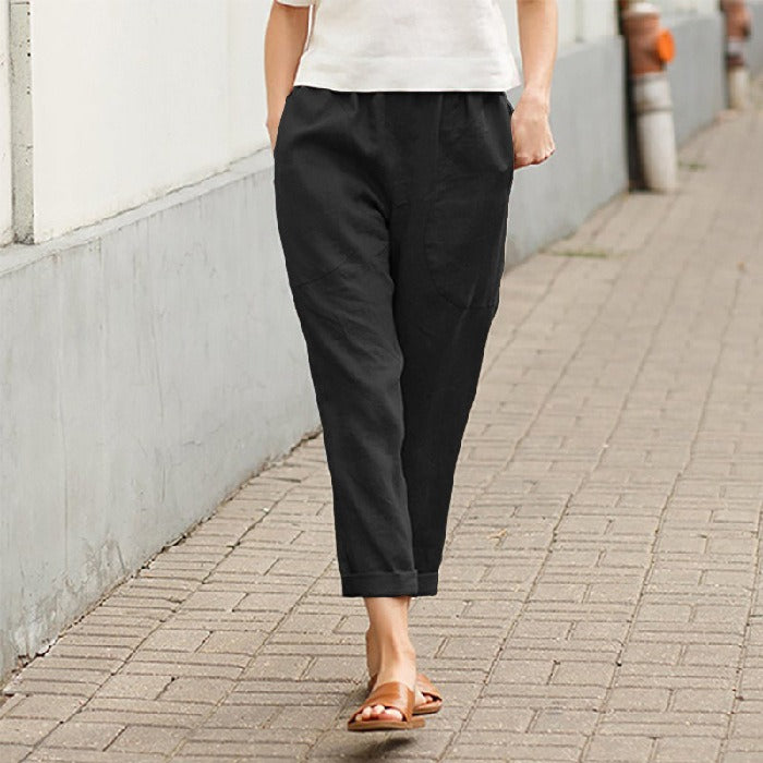 Linen cotton loose straight leg cropped pants