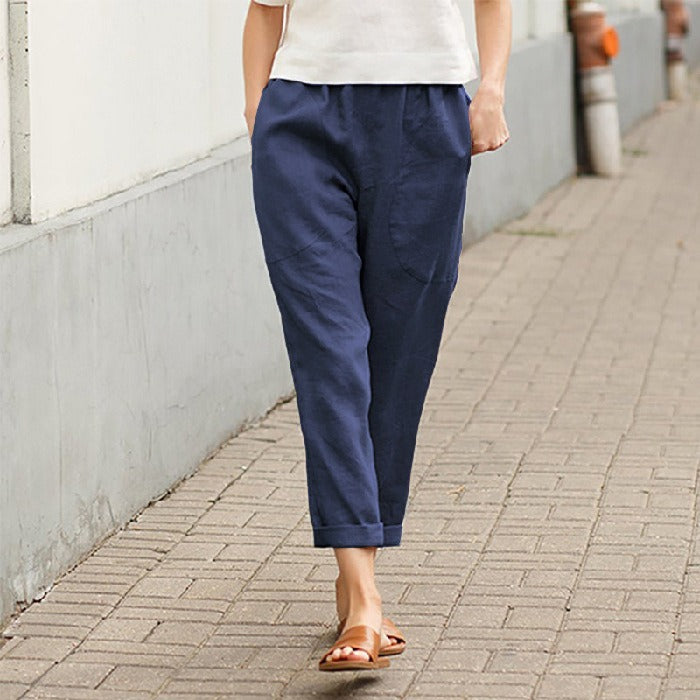 Linen cotton loose straight leg cropped pants