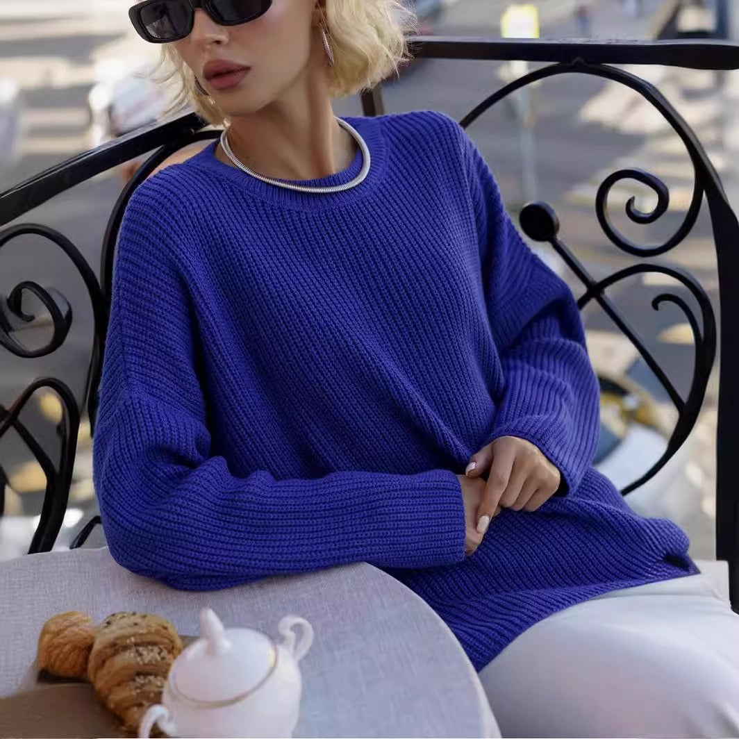 Solid color round neck sweater European and American spring and autumn loose knit sweater Ins pullover sweater for women