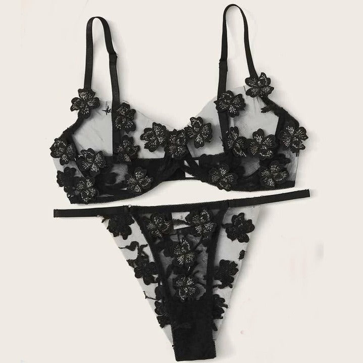 Conjunto divertido de sujetador sexy de malla con apliques de bordado de flores frescas pequeñas para mujer