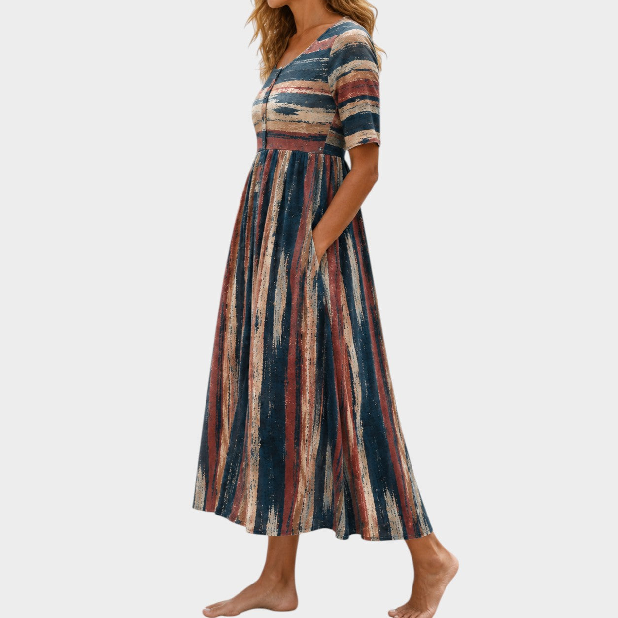 HOLLY | ELEGANT STRIPED TUMMY-COVERAGE MIDI DRESS