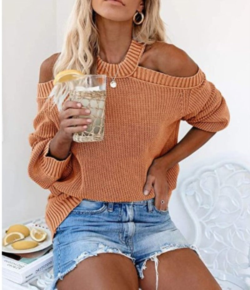 Sexy Off Shoulder Solid Color Loose Knitted Sweater for Women