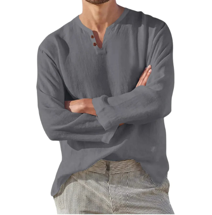 Men's Cotton Linen V-Neck Long Sleeve Shirt