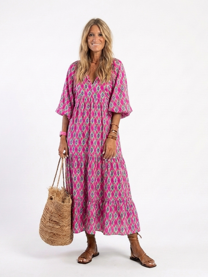 Apolline - Three Quarter Sleeve V Neck Patterned Midi Dress