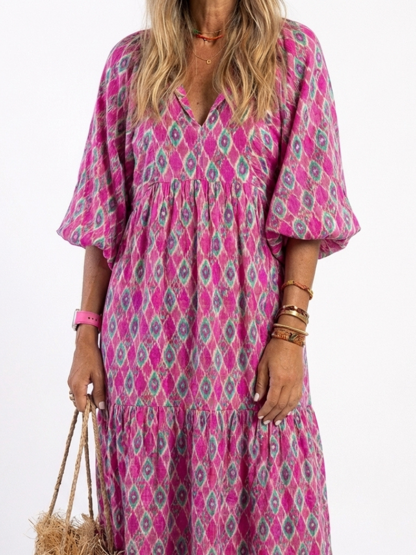 Apolline - Three Quarter Sleeve V Neck Patterned Midi Dress