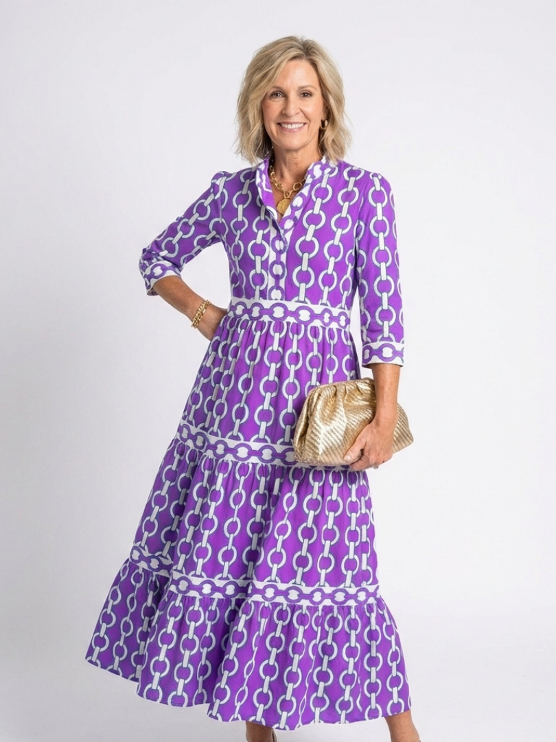 Ysolde - Three Quarter Sleeve Chain Pattern Midi Dress