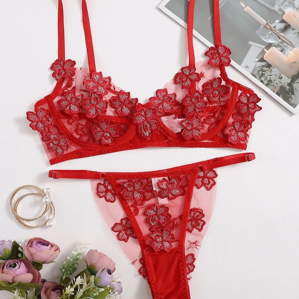 Conjunto divertido de sujetador sexy de malla con apliques de bordado de flores frescas pequeñas para mujer