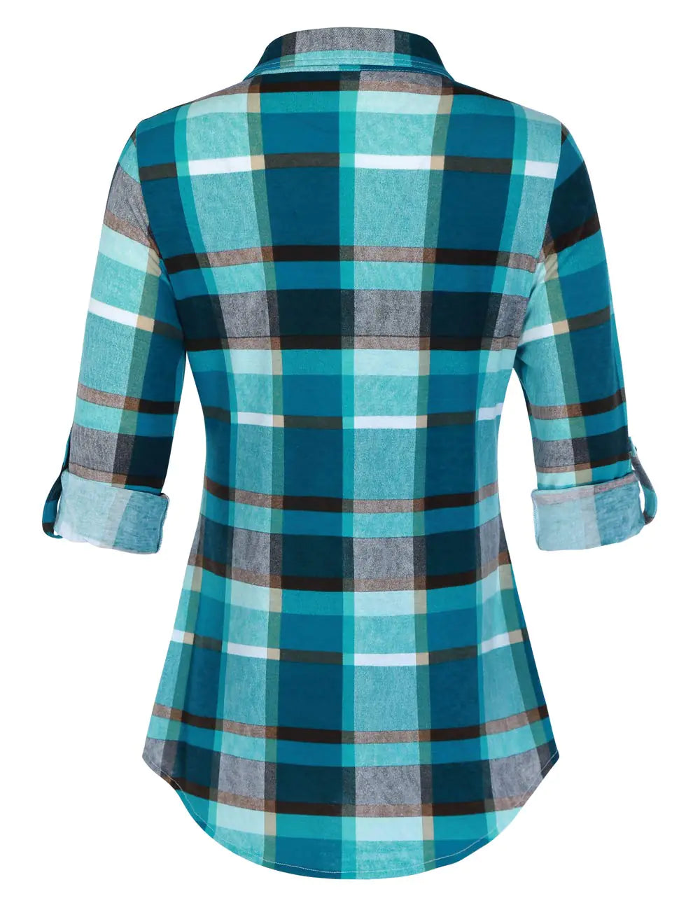 DJT Womens Soft Stretchy Knit Plaid Shirts Roll Up Long Sleeve Collared Button Down Blouses Tops XX-Large Turquoise