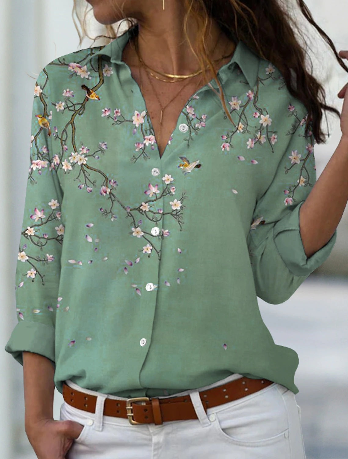 Blusa de manga larga para mujer, nueva, con estampado elegante clásico de ramas de flores en color sólido, cárdigan suelto digital 3D