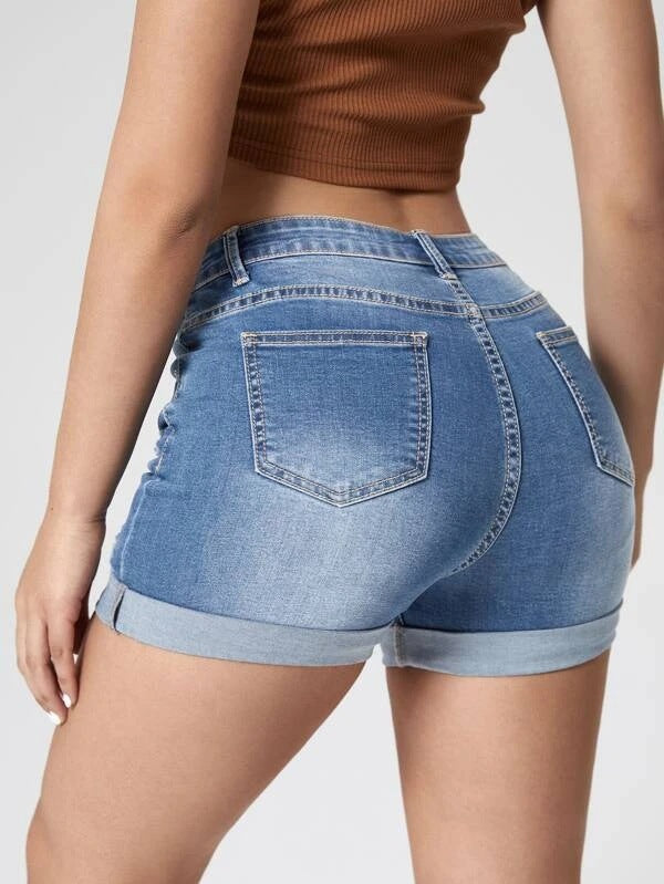 Damenmode Löcher Curling Hohe elastische Jeansshorts mit hoher Taille